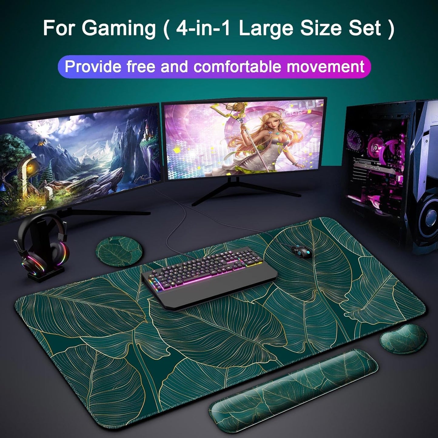 Keyboard Wrist Rest + Mouse Pad with Wrist Support + Desk Mat + Coaster 4 in 1 Set, XXL Large Gaming Mousepad Cute Ergonomic Mouse Pads for Desk Computer Laptop Office Decor-Beach