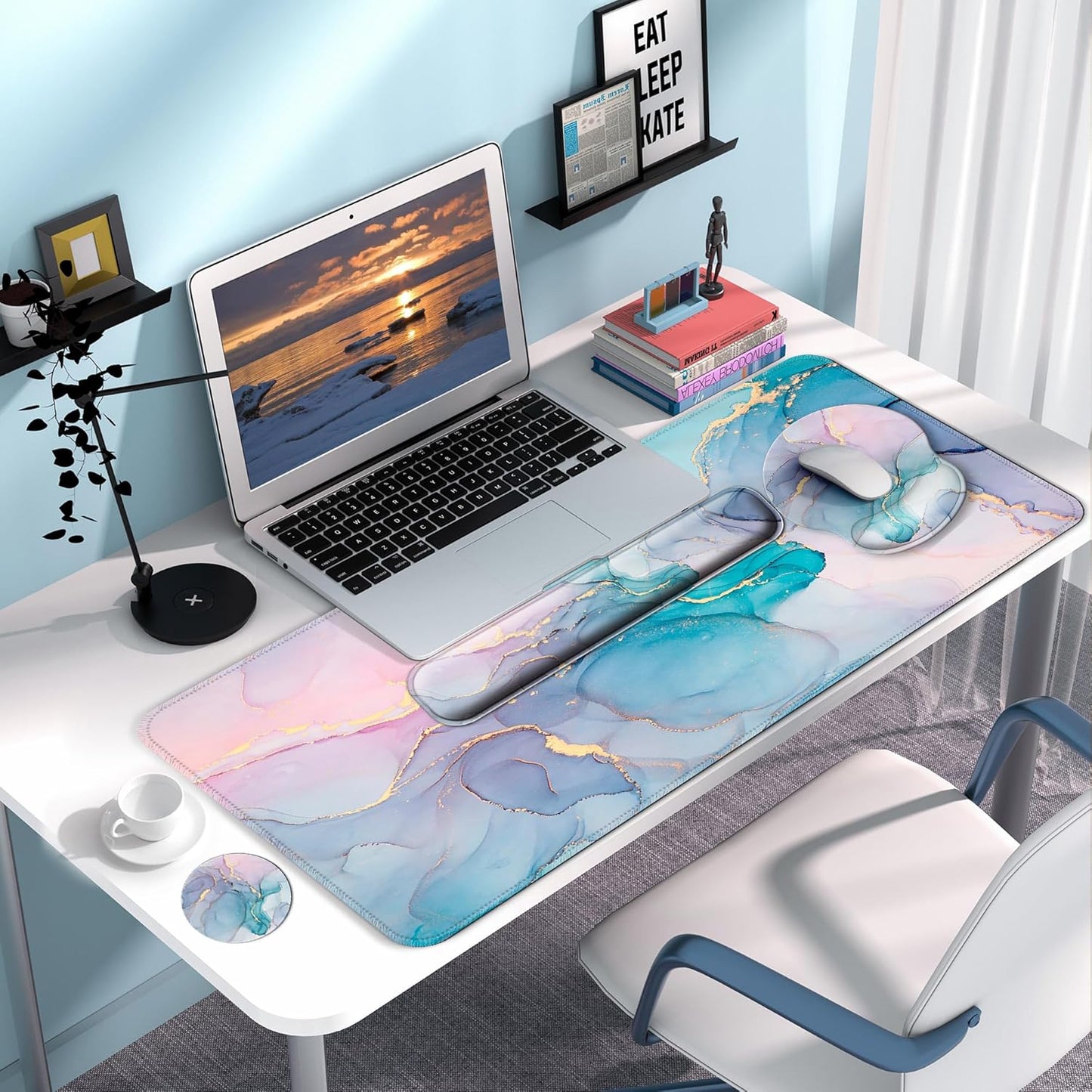 Desk Mat Set + Keyboard and Mouse Pad with Wrist Rest Support,4-in-1 Large Mousepad Computer Mats for Desktop Home & Office-Purple Butterflies
