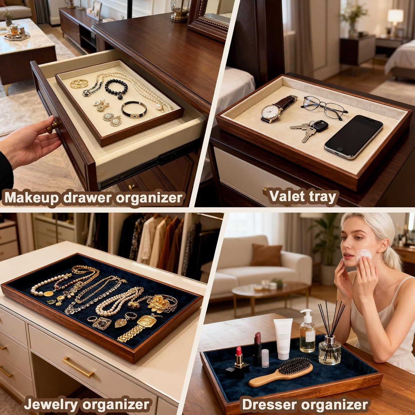 Large Solid Wood Jewelry Watch Tray, Velvet Jewelry Board Display Trays for Key Wallet Ring，Stackable Wooden Jewelry Drawer Organizer Showcase Jewelry Holder(Royal Blue)