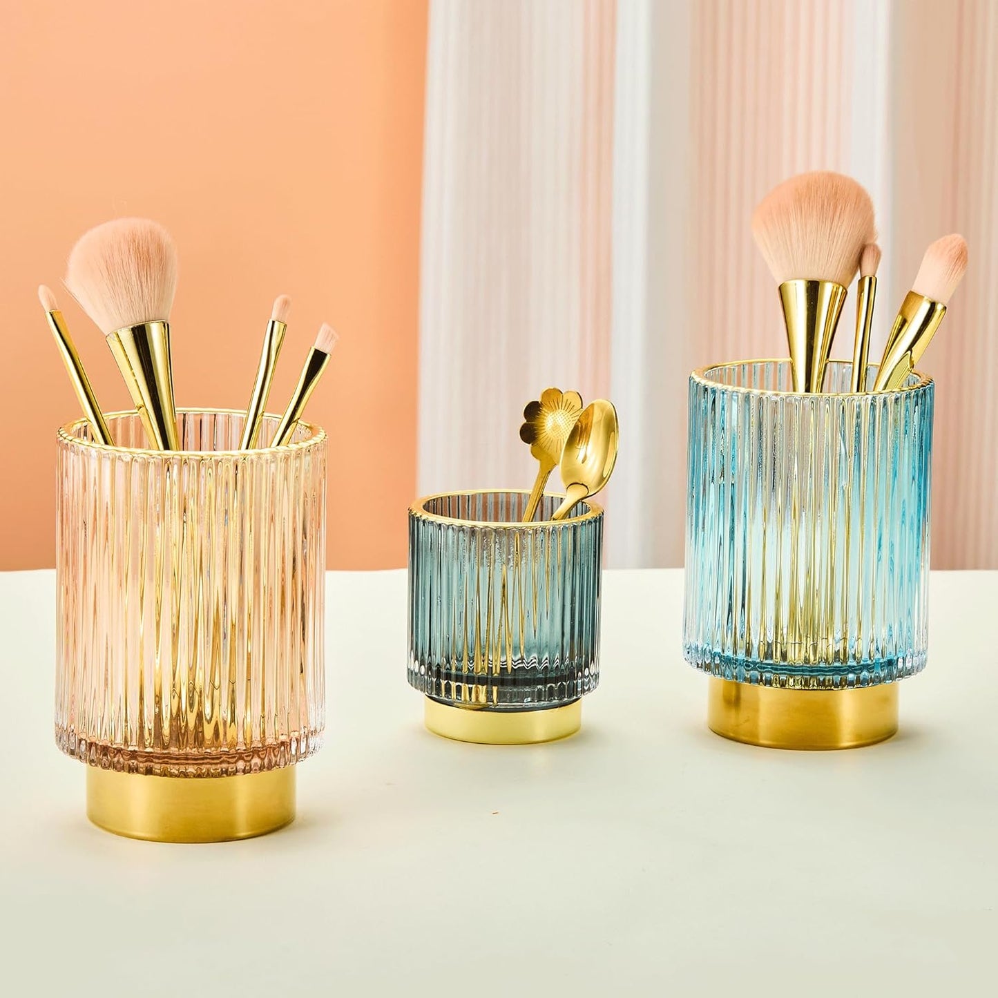 Makeup Brush Holder Organizer,Toothbrush Holders,Desk Pen Pencil Holder,Multifunctional Vintage Glass Brush Cup（L/Green/A3-6-US）