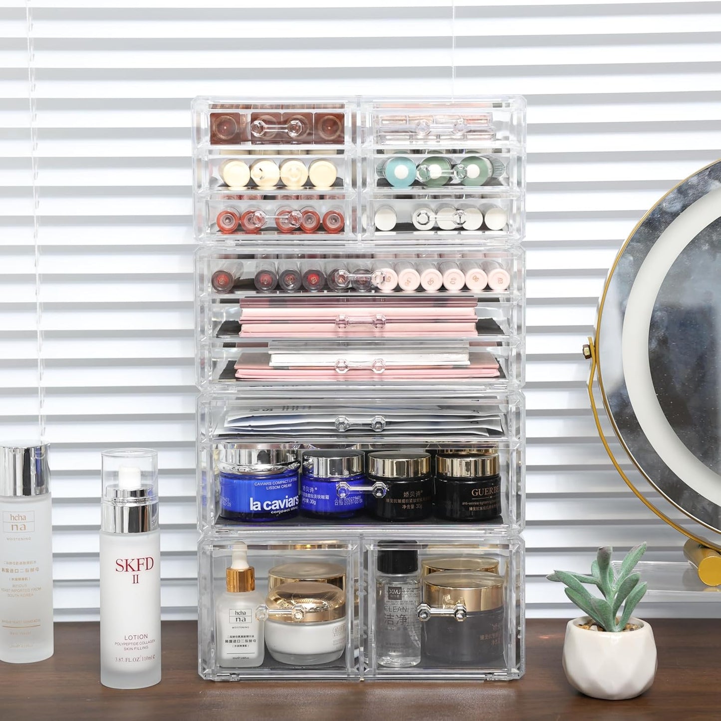 Cq acrylic 2 Pack Clear Desk Organizer With Drawers,Stackable 6 Drawers Skincare Organizer,Cute Skin Care Organizers for Vanity Hair Clip,Jewelry,Beauty Product Desk and Makeup Organizers Countertop