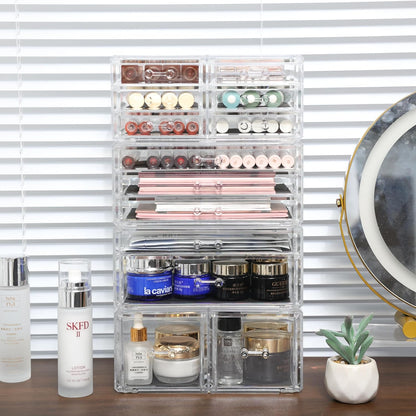 Cq acrylic 2 Pack Clear Desk Organizer With Drawers,Stackable 6 Drawers Skincare Organizer,Cute Skin Care Organizers for Vanity Hair Clip,Jewelry,Beauty Product Desk and Makeup Organizers Countertop