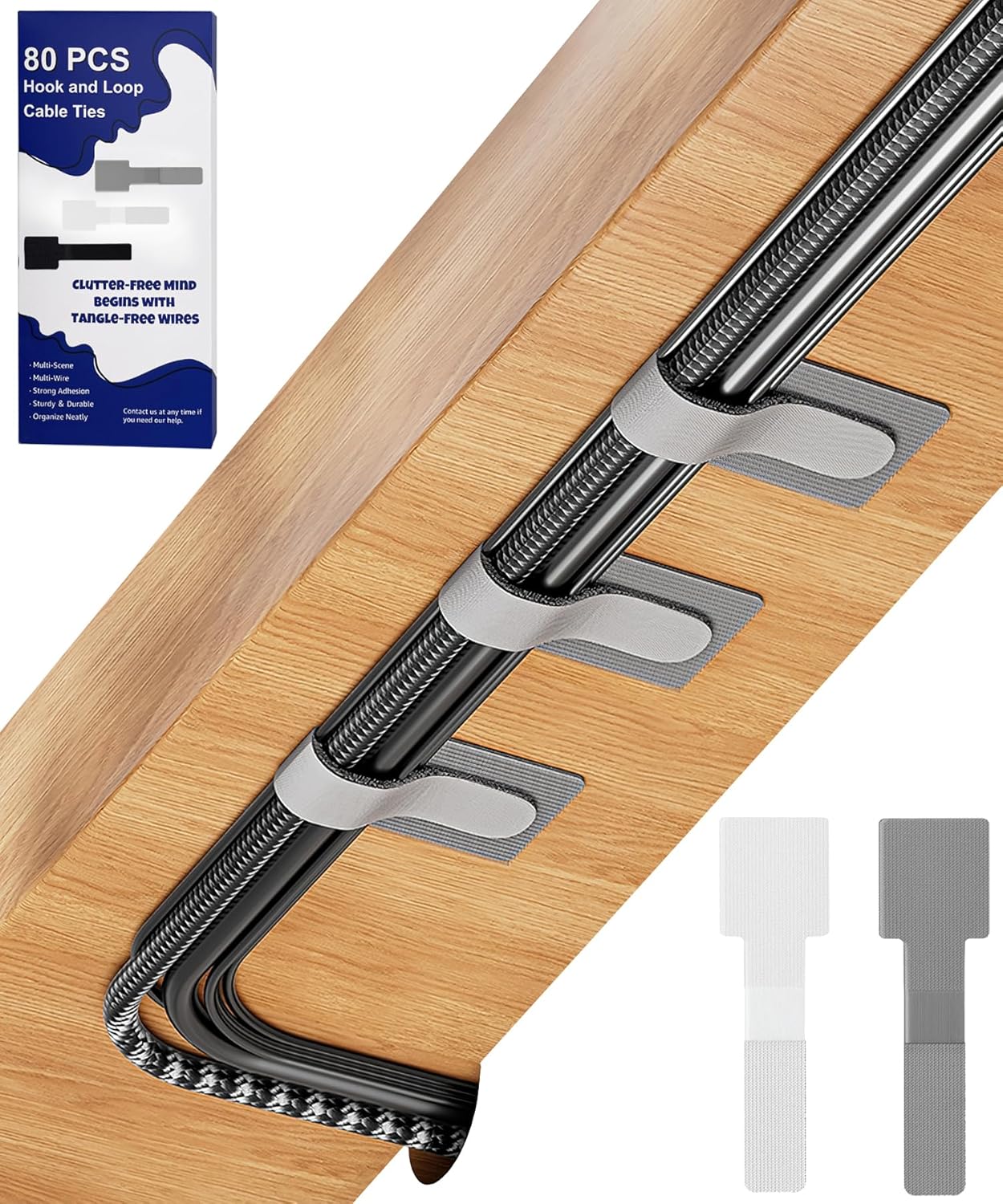 80PCS Hook and Loop Cable Ties, Under Desk Cable Management, Adhesive Cable Straps, Cord Management Hider Idea, Cord Organizer for Desk, Computer Accessories, Home Office Organization, Black+White