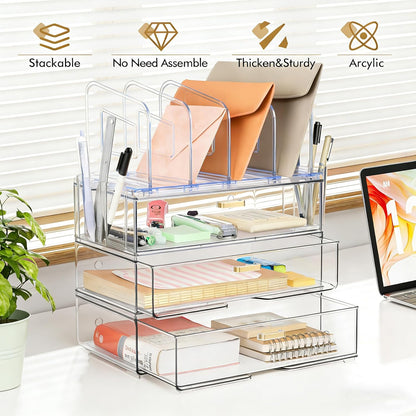 LALOBLUE Acrylic Desk Organizer with Drawer and Vertical File Holder, Desk Organizers and Accessories, Multi-Functional Office Supplies Organizer for Home or Work Desk, White