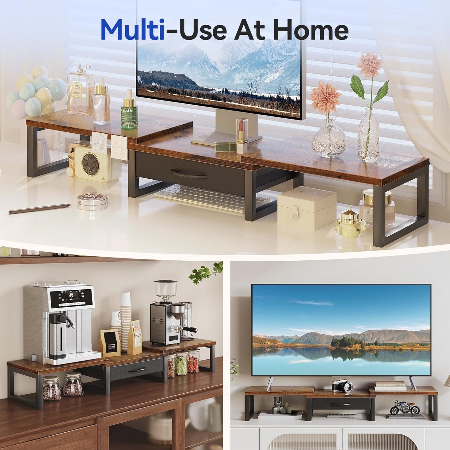 Dual Monitor Stand Riser, Desk Organizers and Accessories with Drawer, Computer Monitor Stands for Desk, Adjustable Desktop Shelf for PC Laptop Printer TV, Black