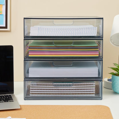 STORi STAX Plastic Stackable Organizer Drawers (Set of 2) Clear | 12.5" Wide | Set Includes Two Open Drawer | Organize Office Desk Accessories & Sort Paper | Made in USA