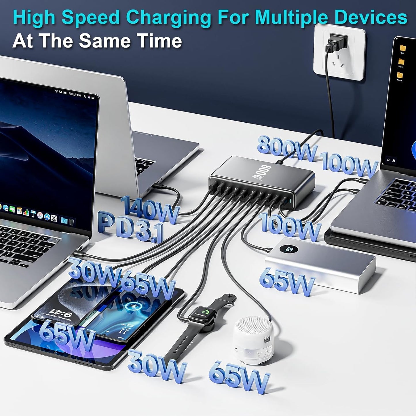 500W USB C Charger Block, Multi-port Fast USB Charging Station Dual PD 100W GaN Ⅲ Charging Station For Multiple Devices, Laptop Charger Adapter Compatible with MacBook, DELL, iPad, iPhone, Samsung etc
