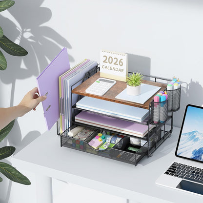 gianotter Desk Organizers and Accessories with File Holder, 4-Tier Desk Accessories & Workspace Organizers with Drawer and 2 Pen Holder, Paper Organizer for Office Supplies (Rose Gold)
