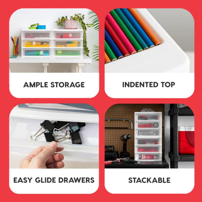 IRIS USA Plastic Stacking Desk Top 3-Drawer Storage Organizer, 2-Pack, for Makeup Vanity Nail Polish Bathroom Stationery Art Craft Supplies Kitchen Office Garage and Small Organization, Small, Black