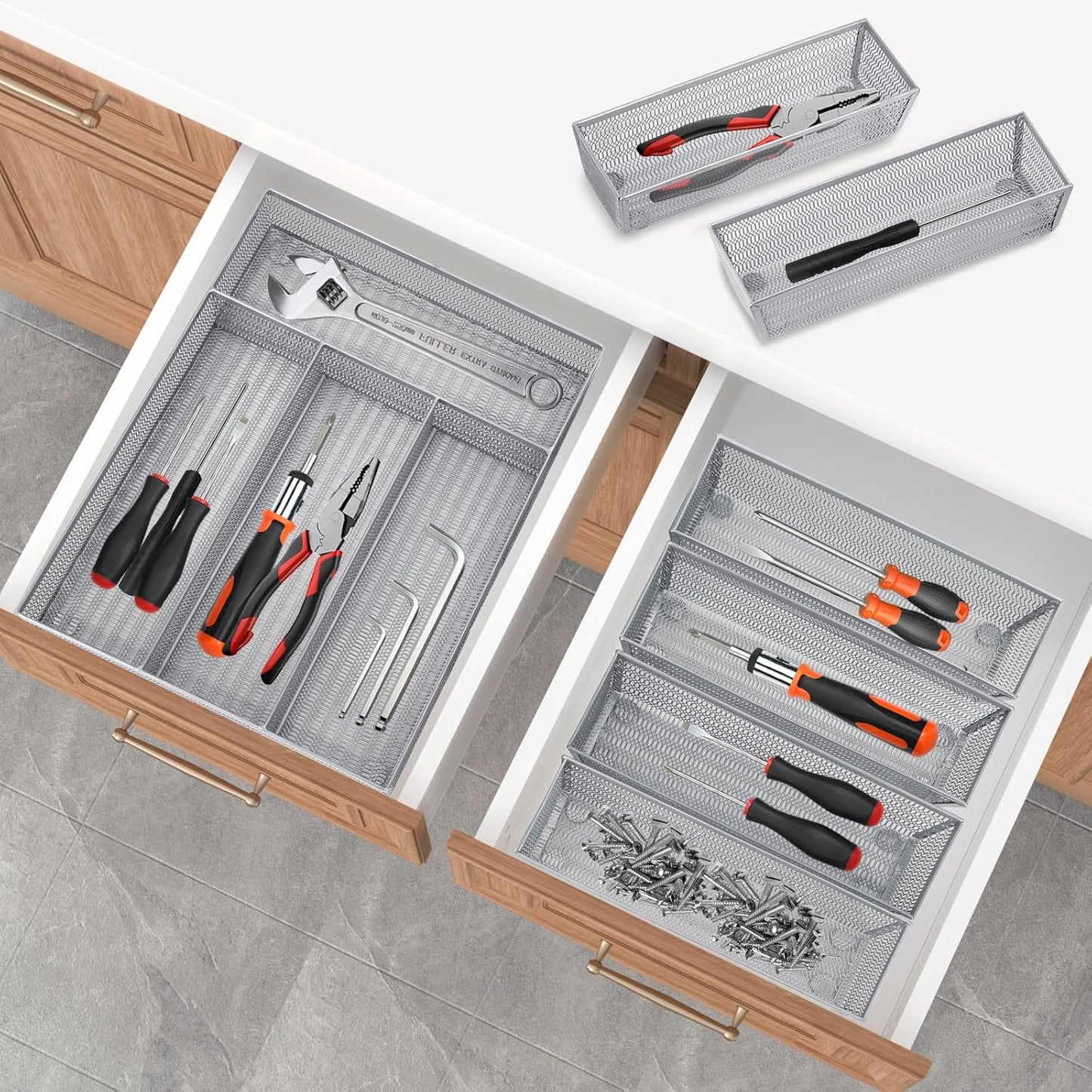Neudeco Drawer Organizer Set 6 Pack - 5-Compartment Silverware Organizer Tray + 5 Utensil Trays, Kitchen Drawer Organizer for Flatware, Cutlery, Office Supplies, Black Mesh, Non-Slip.