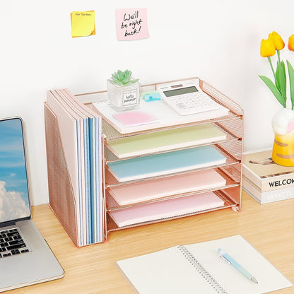 OPNICE Desk Organizer, 5-Tier Paper Organizer Letter Tray with Magazine Holder, Office Desk Accessories & Workspace Organizers, Desktop File Organizer for Office Supplies Storage, Black