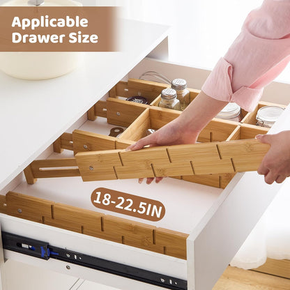 FILWH Bamboo Drawer Dividers with Inserts kitchen drawer organizer Adjustable Expandable 8 Pack Organizer Set for Kitchen Bedroom Bathroom Office 8 Dividers with 16 Inserts (Natural, Small (14-19IN))