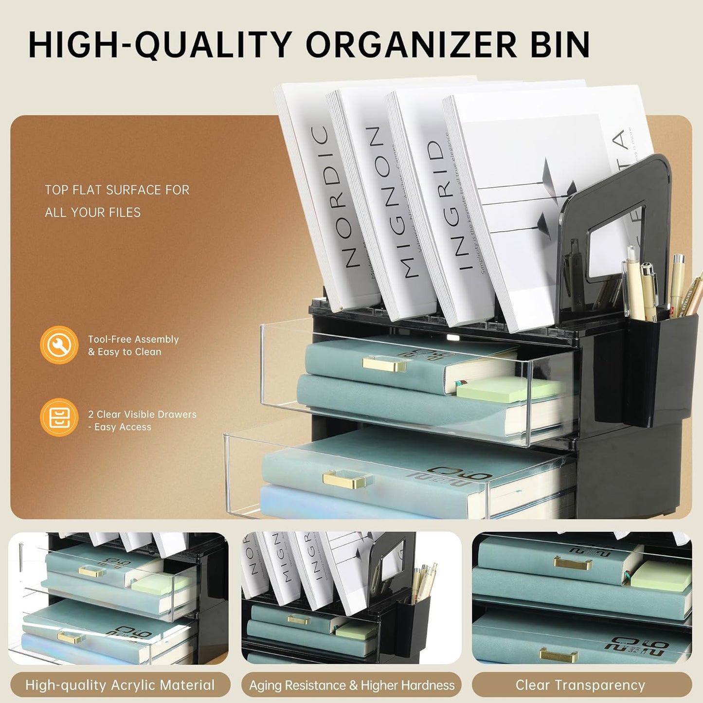 CiWiVOKi Desk Organizer with 2 Vertical File Holder, 4 Tier Stackable Paper Letter Tray File Organizer with 5-Compartments Pen Holder, Clear Desktop Organizer Office Organization and Storage