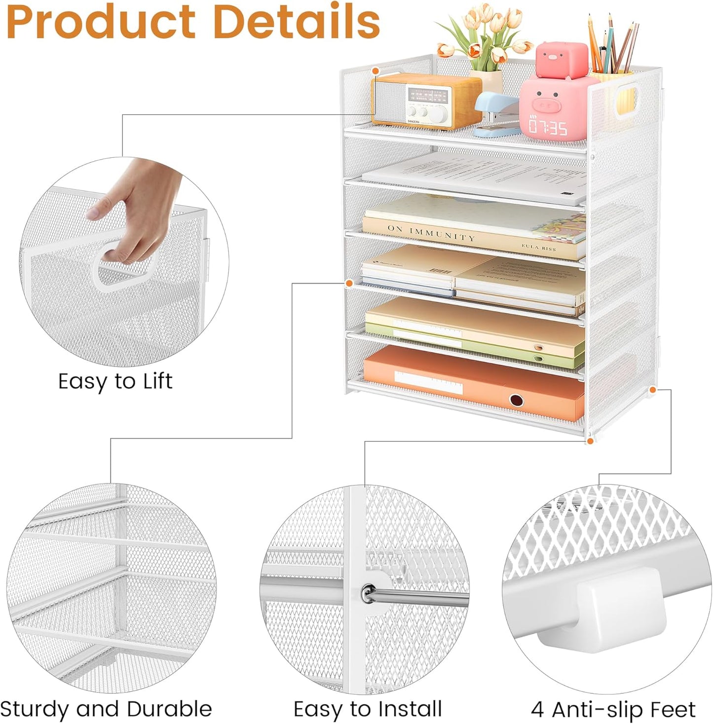 Subekyu 6 Tier Office File Paper Desk Tray Organizer with Handle, Stackable Slide Mesh Letter Tray Folder Blue Desk Organizer, Desktop Document Sorter for Classroom, Office, Home Supplies Storage