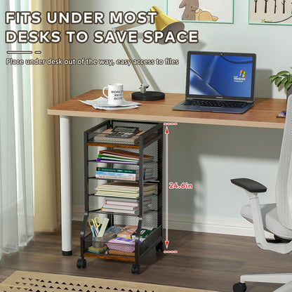 keomaisyto 6-Tier Rolling File Cart with Drawer, Under Desk Storage with Paper Letter Sliding Trays, Standing File Organizer with Wheels, Slim Workspace Organizers for Office/Home/School/Study