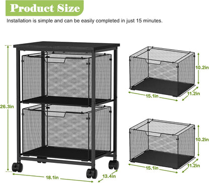 Sbanmao Letter/Legal Rolling File Cart with 2 Storage Drawers, Under Desk Storage, Vertical Filing Cabinet for Home Office, Hanging File Folders Organizer, Mobile Utility Cart Printer Stand, Black
