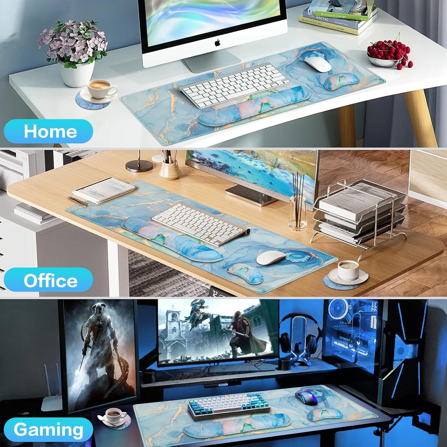 Desk Mat, Large Gaming Mouse Pad with Wrist Rest, 4in1 XXL Mousepad+Keyboard Wrist Rest+Mouse Pad Wrist Support+Cup Coaster Set Ergonomic Floral Computer Desk Arm Wrist for Decor Home Office Women