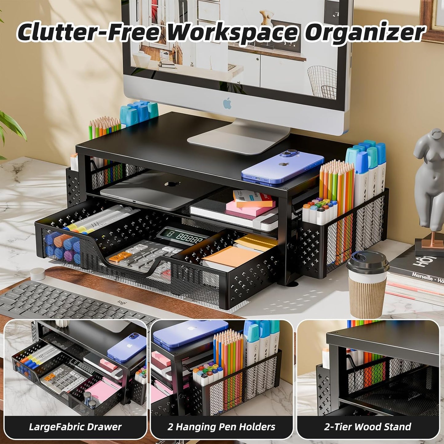 Simple Trending Desk Organizer and Accessories, 2-Tier Computer Monitor Stand Riser with Drawer and 2 Pen Holders for Office Supplies, Black