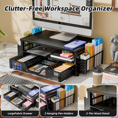 Simple Trending Desk Organizer and Accessories, 2-Tier Computer Monitor Stand Riser with Drawer and 2 Pen Holders for Office Supplies, Black
