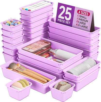 KEMETHY 25 PCS Plastic Drawer Organizers Set, 4 Sizes Vanity Organizer, Makeup and Desk Drawer Organizer Trays, Organization and Storage for Makeup, Bathroom, Kitchen Utensils and Office (Black)