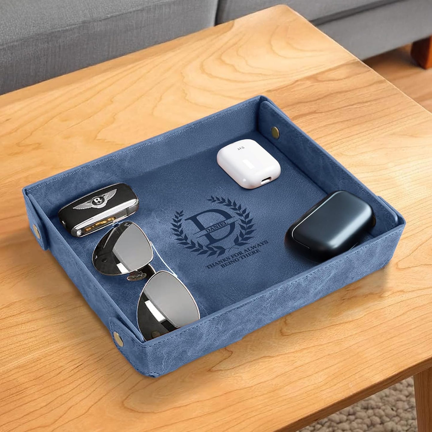 Engraved Leather Valet Tray for Men – Personalized Catchall with Custom Name for Desk, Dresser, Nightstand – Men's Organizer Tray for Keys, Wallet, Jewelry, Personalized Gift for Home, Office - Coffee