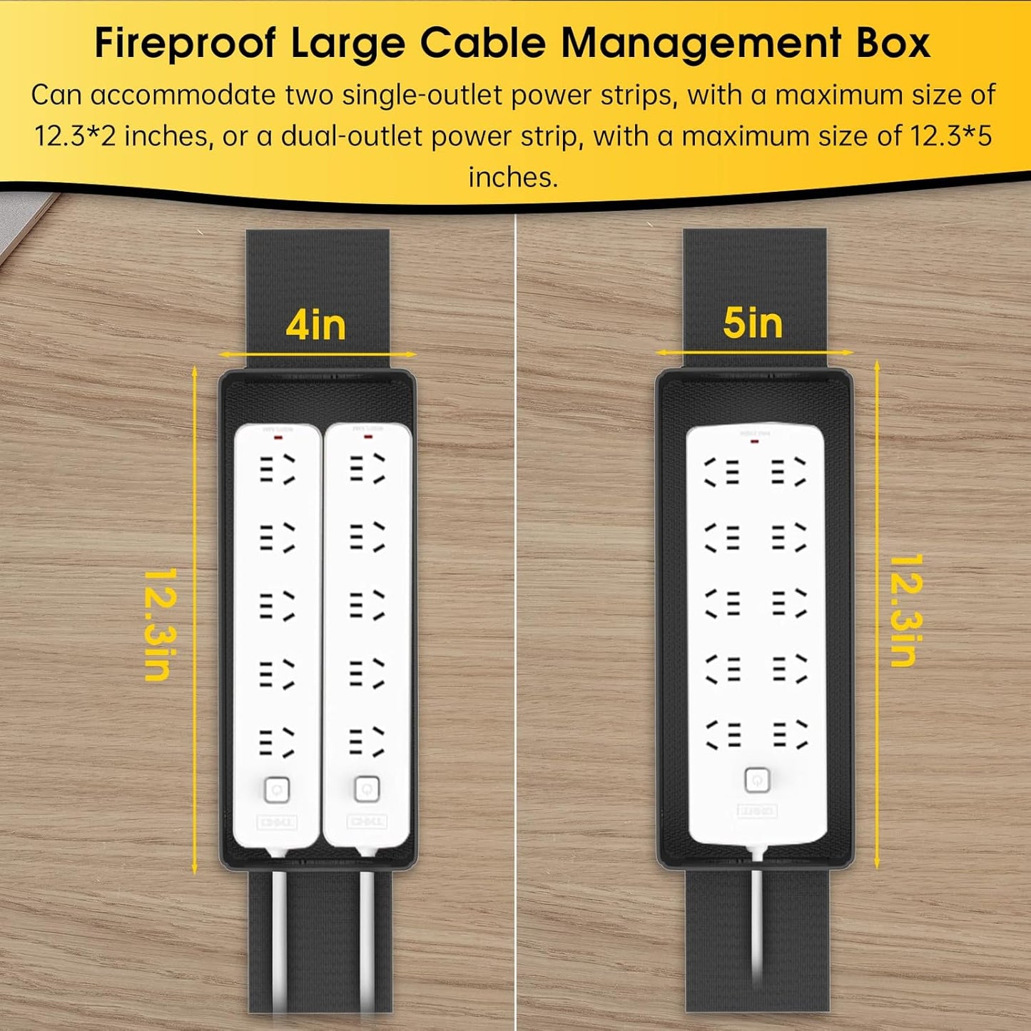 Tamfile Cable Management Box, Fireproof Foldable Cord Organizer and Cover, Heat Resistant Large Power Strip Organizer for TV Wires, Computer and USB Hub with Cable Clips & Reusable Cable Ties (Black)