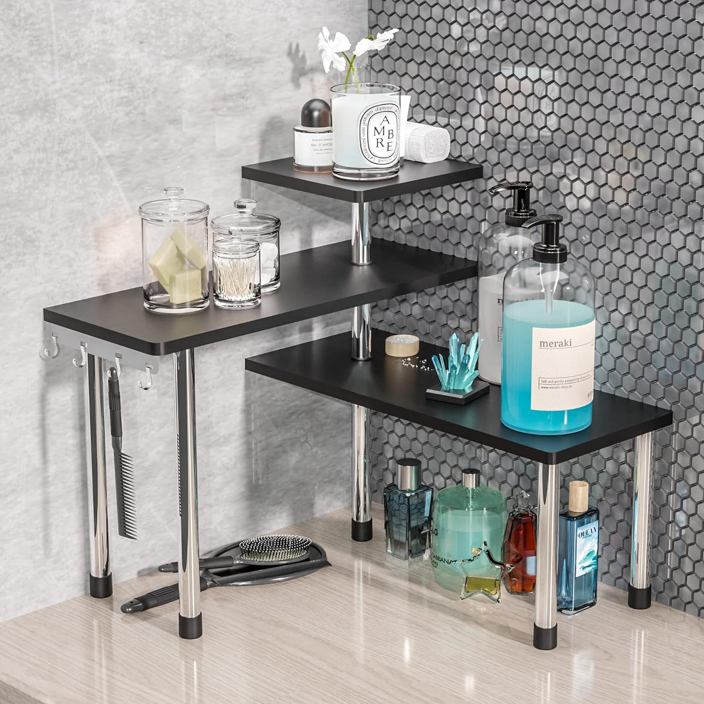 ZHWS Kitchen Countertop Organizer Spice Rack for Salt, Bathroom Counter Organizer Over Sink for Makeup, Skincare, Adjustable 3-Tier Corner Counter Shelf with 4 Hooks for Coffee Bar Dresser Table