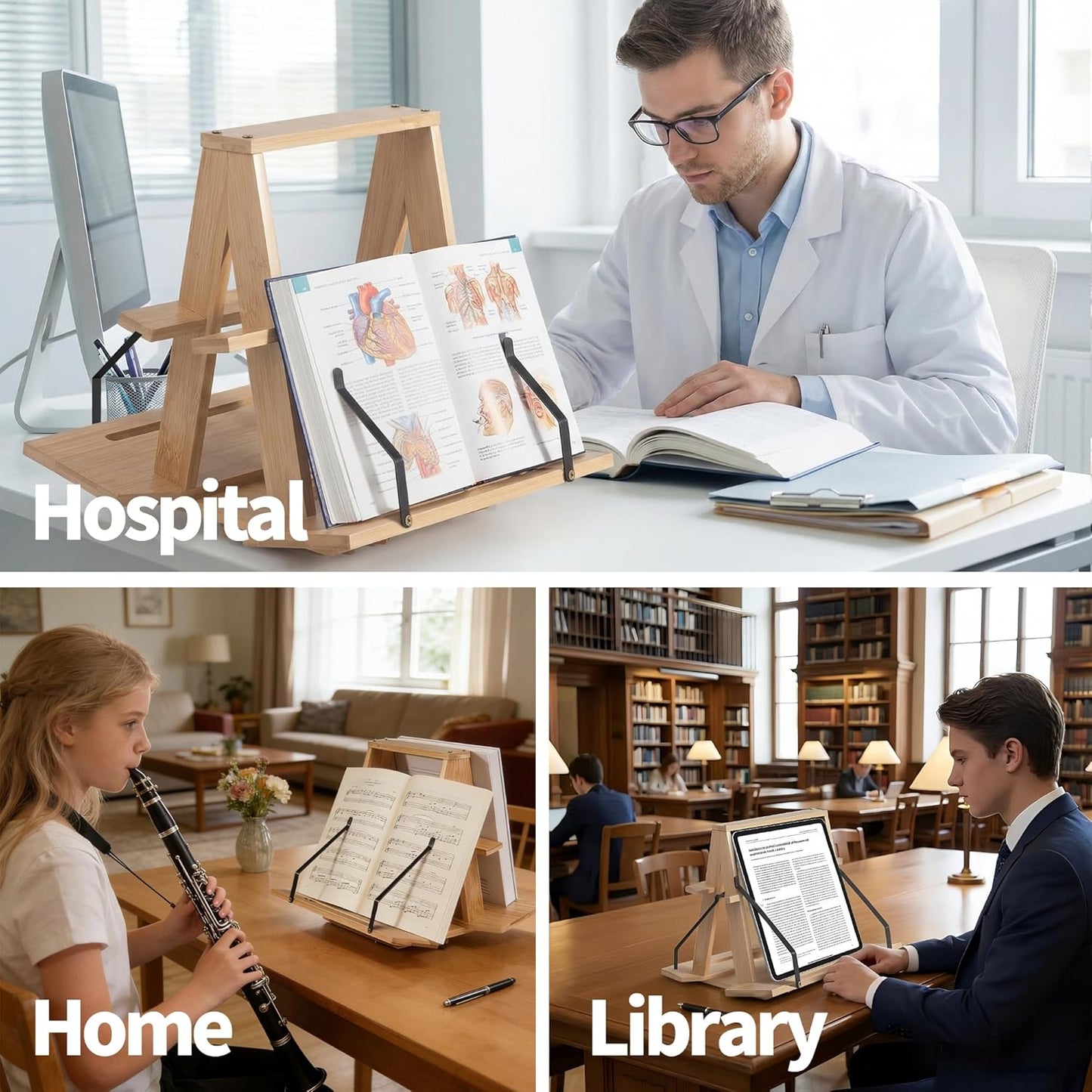 THOUSANDSUNNY Bamboo Medical Coding Book Stands, Two-Sided Rotating Books Holder for Reading in Desktop for Large Book and Bible Thick Books