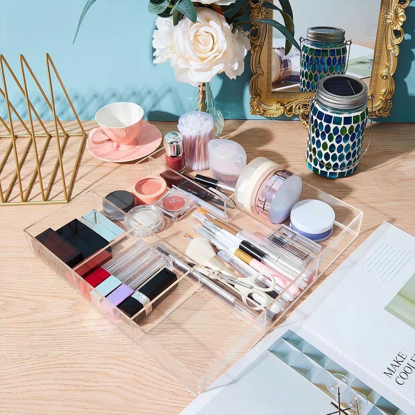 Chunful 2 Pieces Makeup Drawer Organizer 6 Section Clear Desk Organizer with Dividers 3 Section Acrylic Makeup Tray Divided Drawer Inserts Sectioned Tray Storage