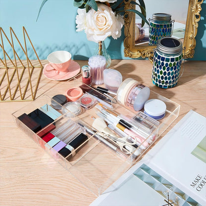 Chunful 2 Pieces Makeup Drawer Organizer 6 Section Clear Desk Organizer with Dividers 3 Section Acrylic Makeup Tray Divided Drawer Inserts Sectioned Tray Storage