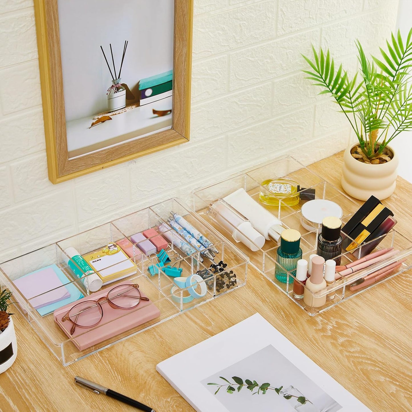 Briwooody 3 Pcs Clear Acrylic Desk Drawer Organizer 13.7 x 8.7 x 2 Inch Drawer Organizer Trays with 8 Compartments Desk Accessories for Office Makeup Silverware Bathroom