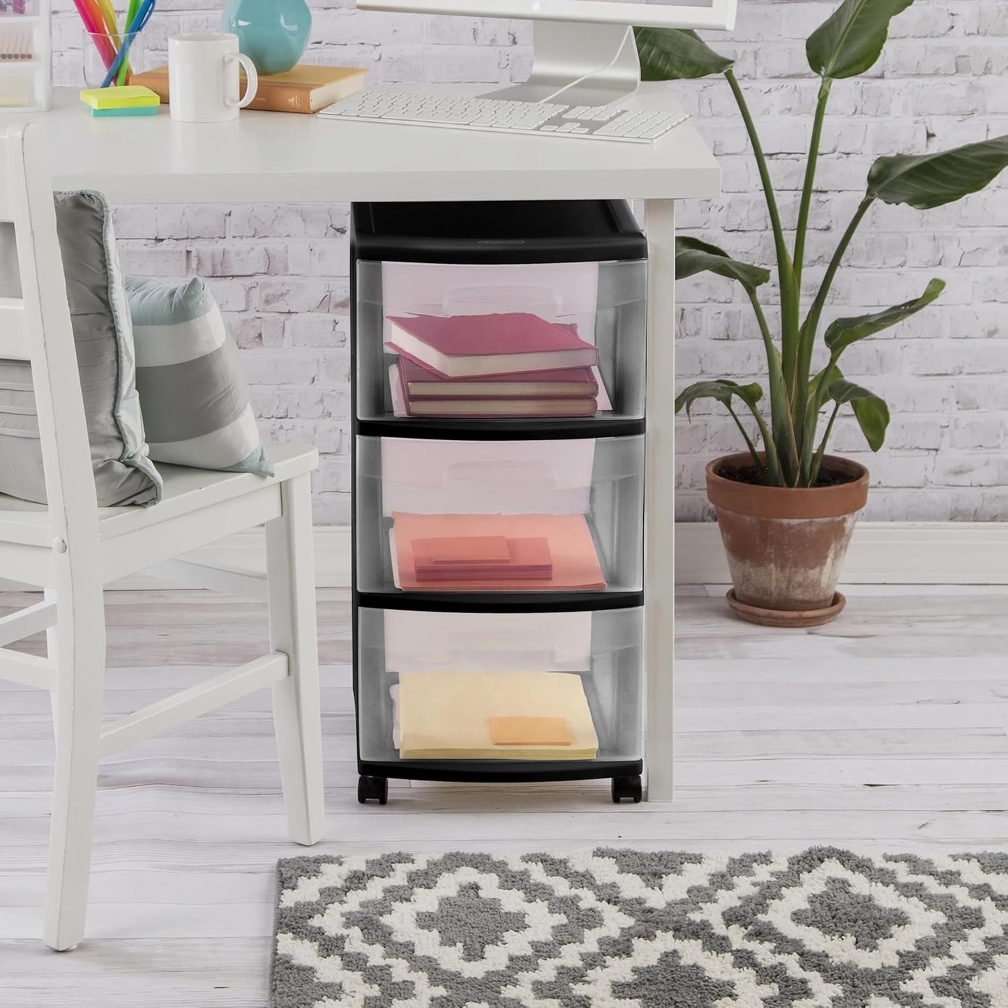 3-Drawer Storage Tower with Removable Clear Plastic Bins, Tool-Free Assembly, Multiple Sizes for Home Office (15.7"W)