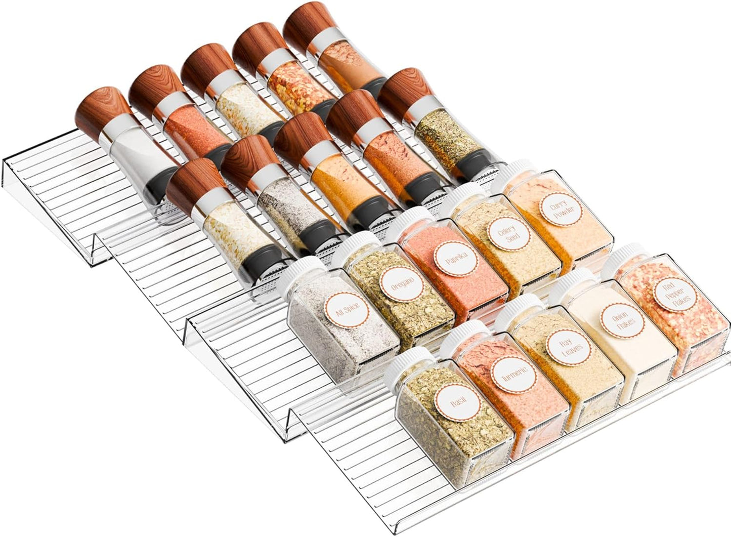 Yieach 4 Pack Adjustable Narrow Spice Rack for Drawer - Expandable From 9" to 17.7" - Acrylic Drawer Seasoning Organizer,Tiered Clear Spice Tray for Spices,Condiment,Nail Polish and Jar Organization