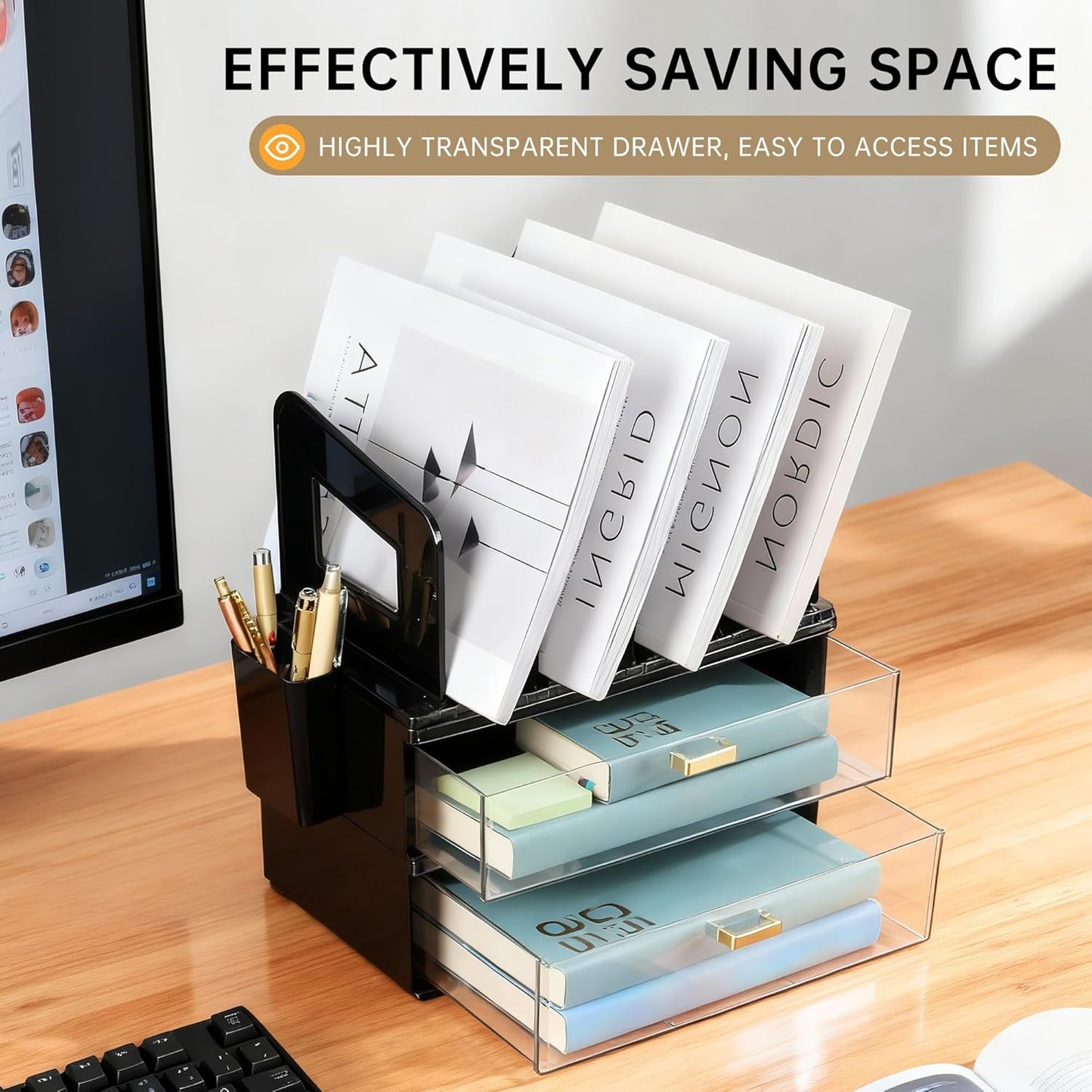 CiWiVOKi Desk Organizer with 2 Vertical File Holder, 4 Tier Stackable Paper Letter Tray File Organizer with 5-Compartments Pen Holder, Clear Desktop Organizer Office Organization and Storage