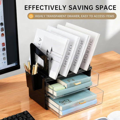 CiWiVOKi Desk Organizer with 2 Vertical File Holder, 4 Tier Stackable Paper Letter Tray File Organizer with 5-Compartments Pen Holder, Clear Desktop Organizer Office Organization and Storage