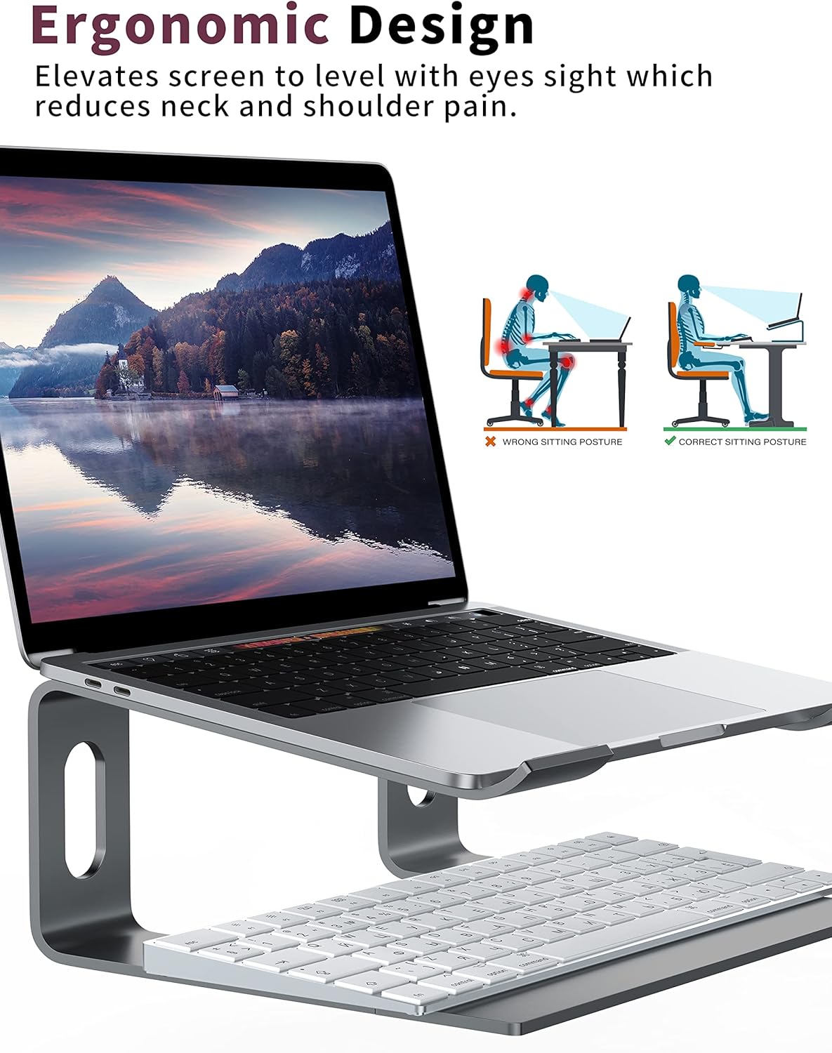 ALASHI Laptop Stand for Desk, Aluminum Computer Riser, Ergonomic Notebook Holder, Detachable Metal Laptops Elevator, PC Cooling Mount Support 10 to 15.6 Inches Notebook, Black