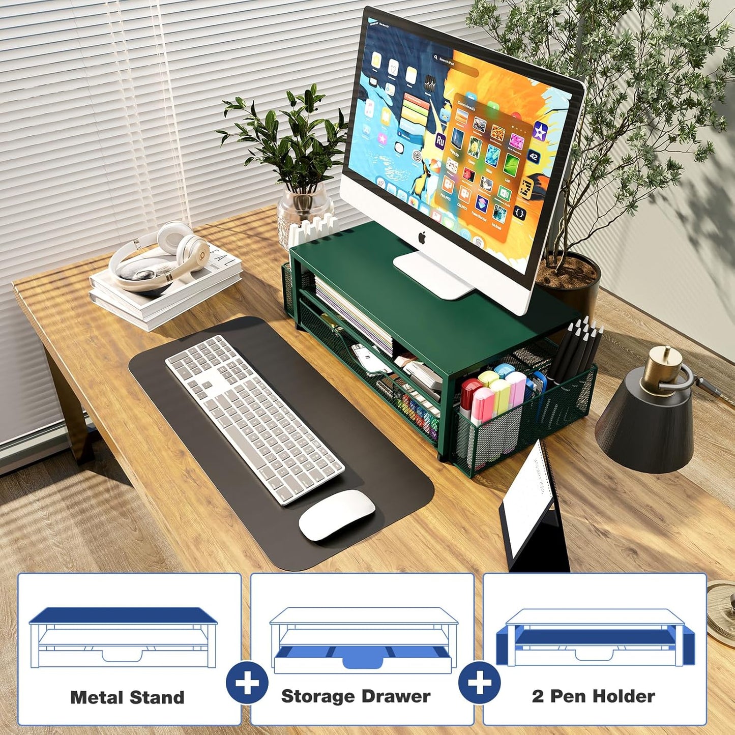 OPNICE Desk Organizer and Accessories, 2-Tier Computer Monitor Stand Riser with Drawer and 2 Pen Holders, Laptop Stand, Office Desk Accessories for Office Supplies, Black