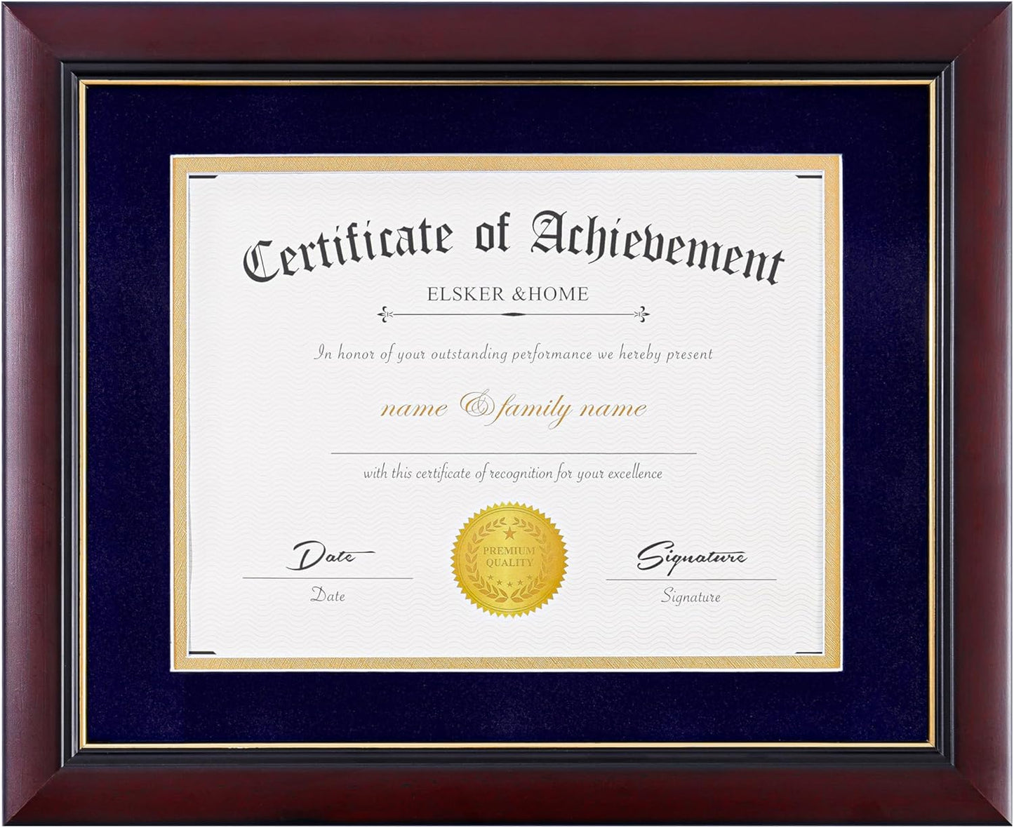 ELSKER&HOME Diploma Frame - Wide Solid Wood Frame - Black Velvet Golden Rim Mat - Semi-Tempered Glass - Includes Hanging Hardware and Desktop Easel(ONLY Display 11×14 Document/Certificate)