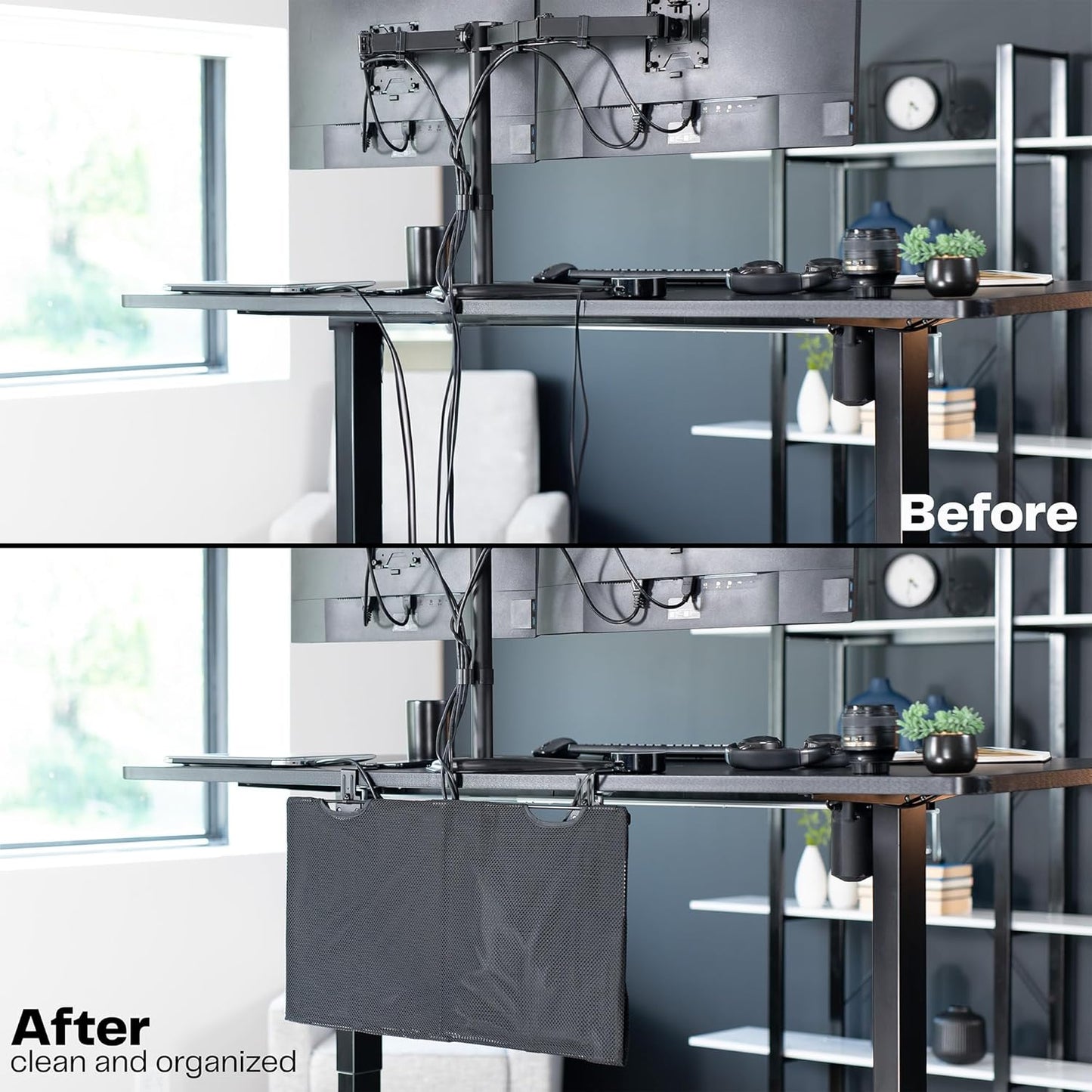 VIVO 48 Inch Clamp-on Privacy and Cable Management Organizer Sleeve, Wire Hider Kit Panel System, Desk Skirt, Black, DESK-SKIRT-48P