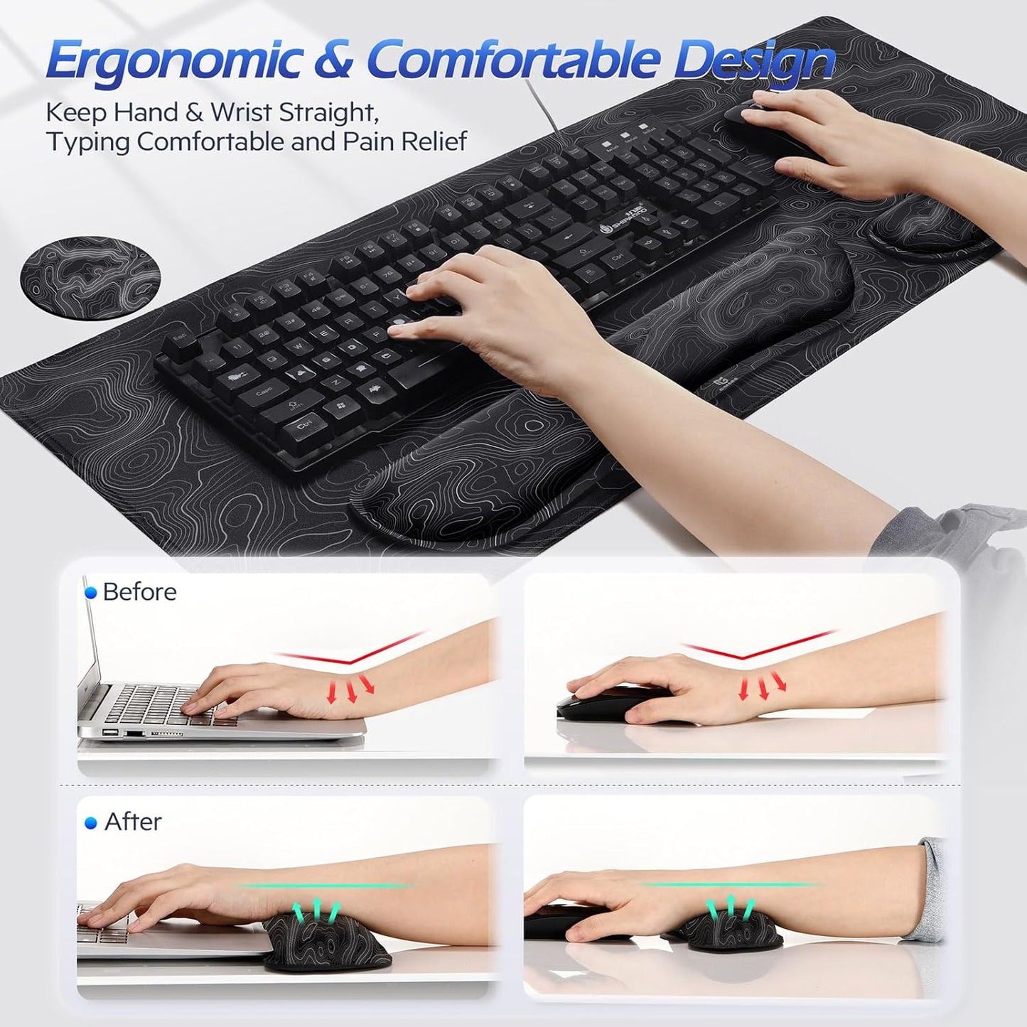 Gimars Upgrade Enlarge Silky and Superfine Fabric Gel Memory Foam Keyboard Wrist Rest Set, Ergonomic Keyboard Mouse Wrist Support for Typing Pain Relief, Comfort for Office, Gaming, Computer
