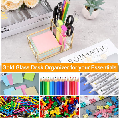 Sticky Note Holder,Glass Post It Note Dispenser with Pen Slot,Gold 3 x 3 Inch Post It Note Holder for Desk,Stylish Sticky Note Dispenser for Home Office Desk