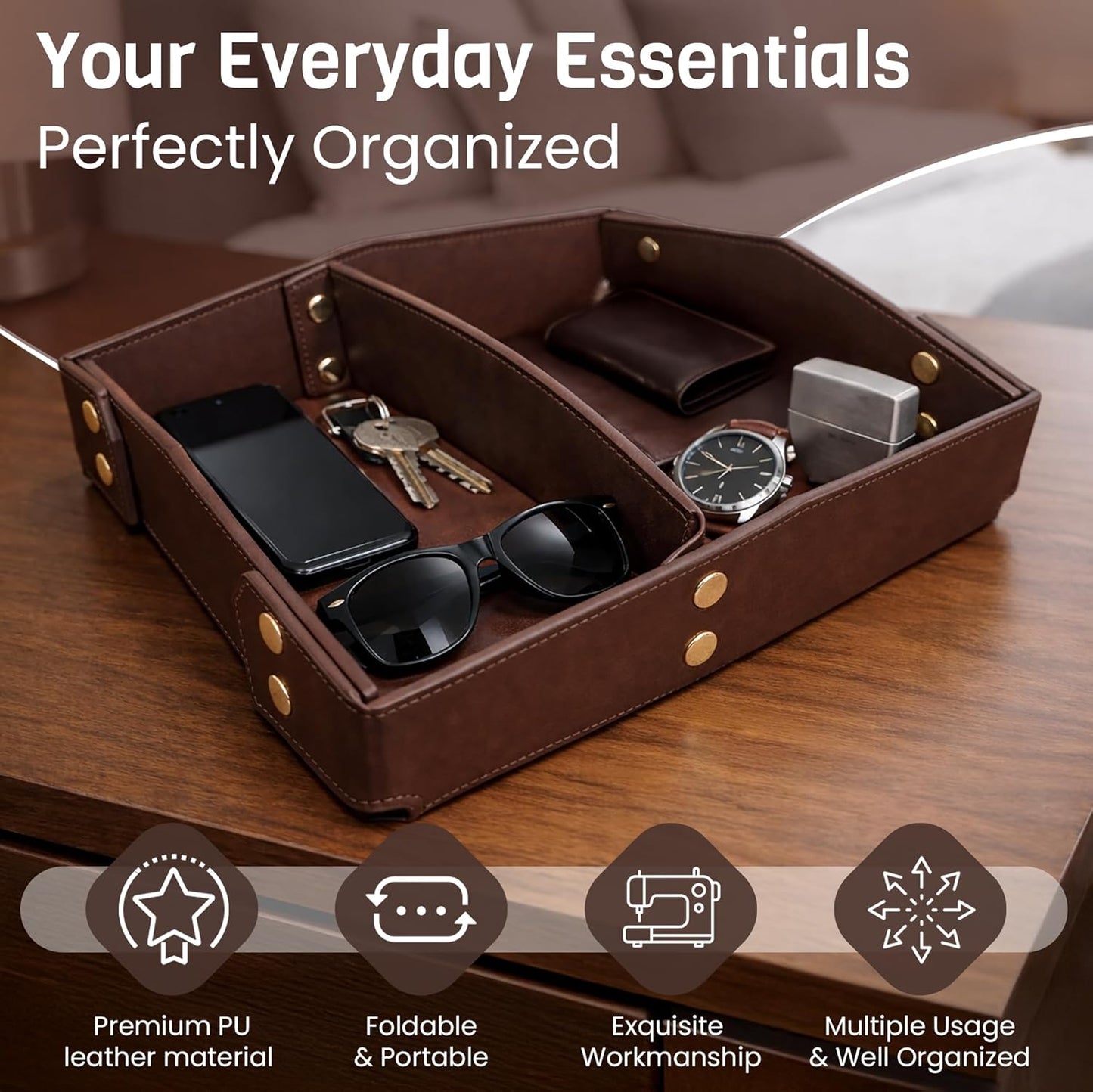 Valet Tray Organizer for Men & Women - PU Leather Catch All Tray with Removable Divider - EDC Storage for Keys, Watch, Phone - Nightstand, Dresser & Desk Organizer - Pacific Navy