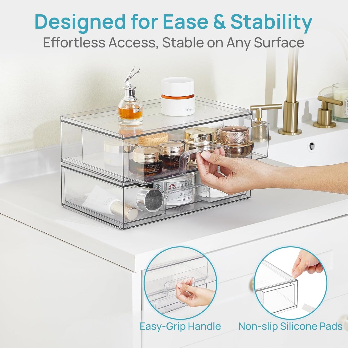 Vtopmart 12.1''W Clear Stackable Storage Drawers,2 Pack Acrylic Plastic Organizers Bins for Makeup Palettes, Cosmetics, and Beauty Supplies,Ideal for Vanity, Bathroom,Cabinet,Desk Organization