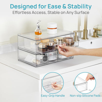Vtopmart 12.1''W Clear Stackable Storage Drawers,2 Pack Acrylic Plastic Organizers Bins for Makeup Palettes, Cosmetics, and Beauty Supplies,Ideal for Vanity, Bathroom,Cabinet,Desk Organization