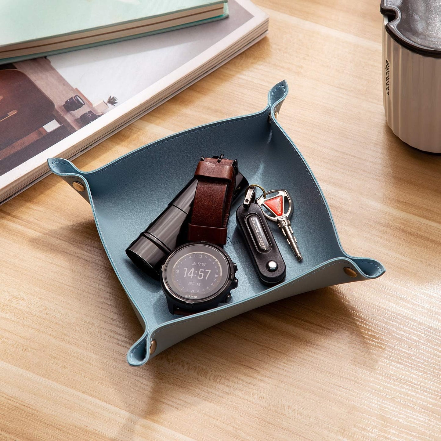 SANQIANWAN Leather Jewelry Valet Tray for Women and Man, Entryway Table Bedside Nightstand Desk Portable Small Catchall Travel Dish Plate for Key,Wallet,Watch,Phone,Coin(Pink-B)