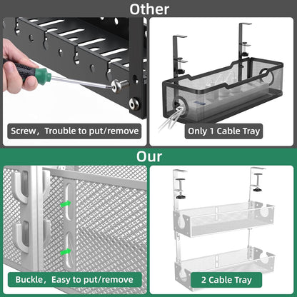 Multi-Model Under Desk Cable Management 2 Pack Metal Under Desk Wire Management Tray Clamp Mount Under Table Cord Management No Damage The Desk（White）