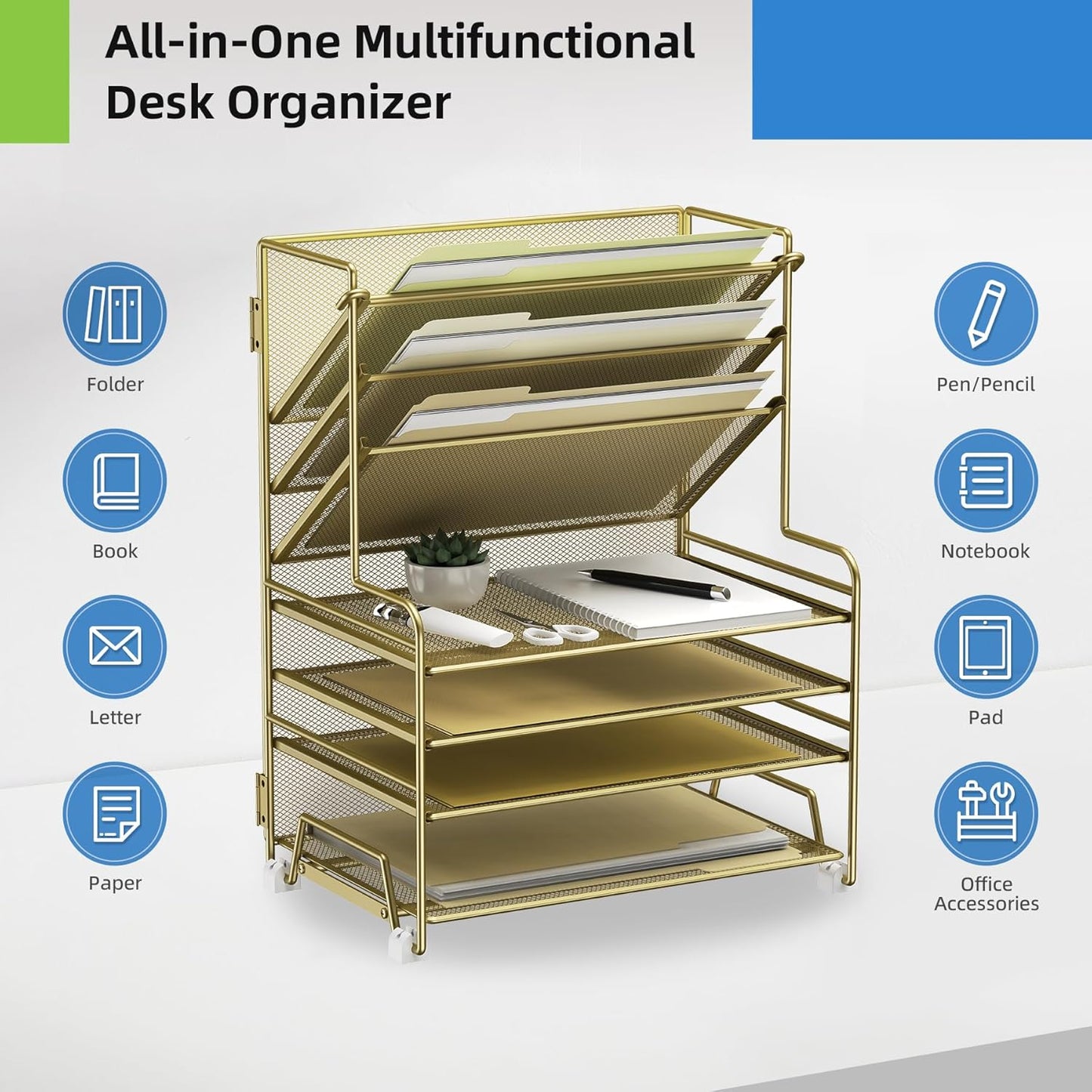 MINDEPOT 4-Tier Paper Organizer + 3-Pocket File Holder + Drawer + Pen Holders, Desktop File Organizers Paper Tray for Office Accessories School Classroom Organization (Black)