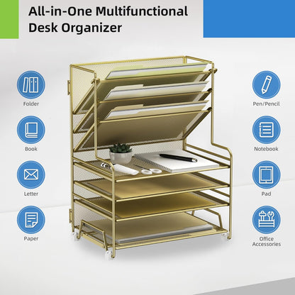 MINDEPOT 4-Tier Paper Organizer + 3-Pocket File Holder + Drawer + Pen Holders, Desktop File Organizers Paper Tray for Office Accessories School Classroom Organization (Black)