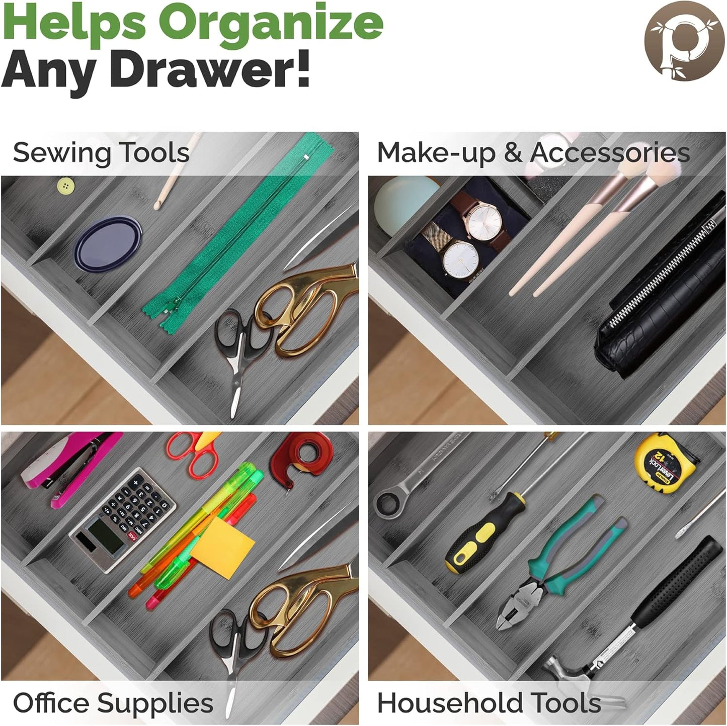Pristine Bamboo Expandable Drawer Organizers for Kitchen - Extra Deep Non-Slip 17” x 14.6” (expands up to 25 inches) - Dark Wooden Silverware Divider (10 Compartments) – Organize Cooking Utensils