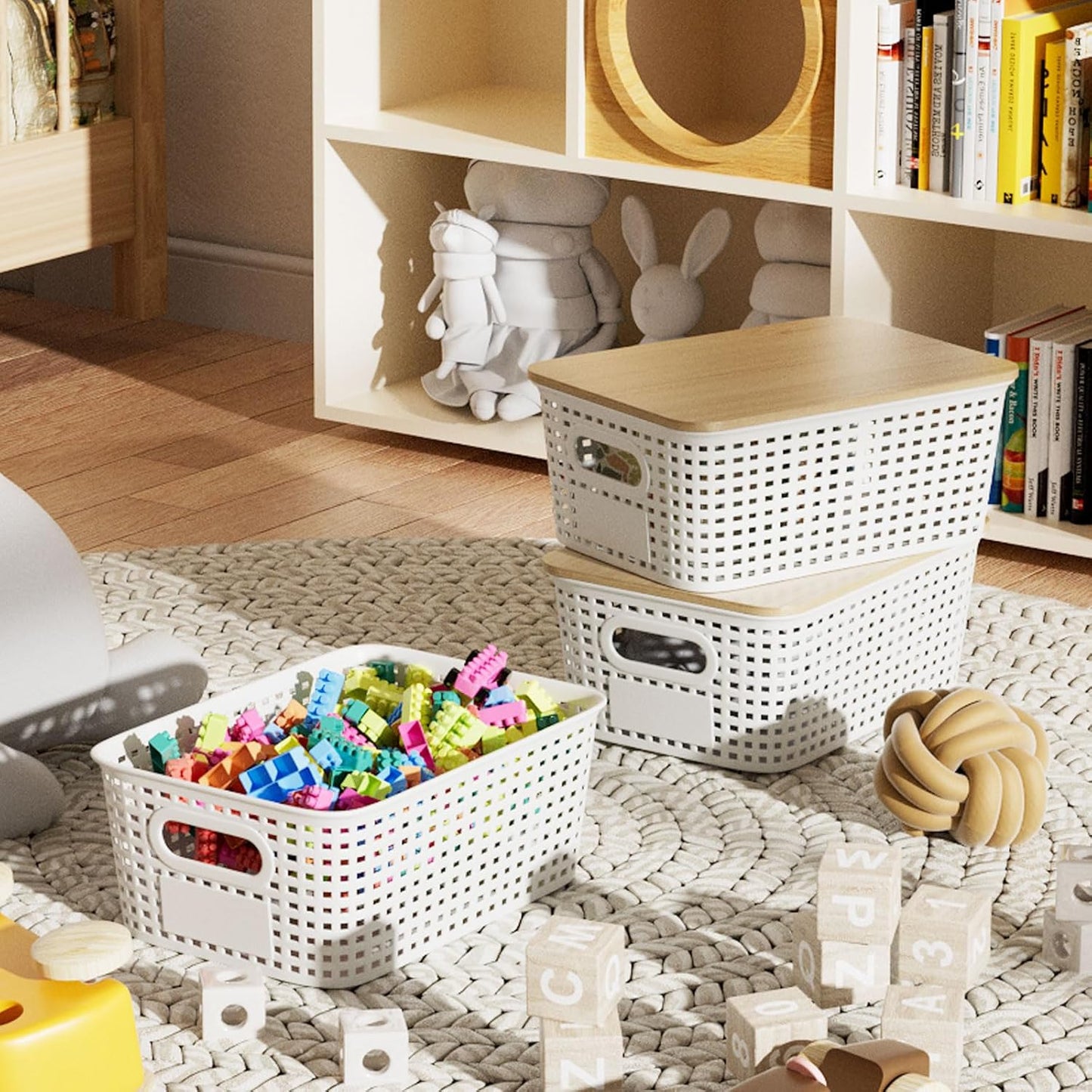 6Pcs Storage Bins with Lids, Stackable Plastic Storage Basket with Bamboo Lid, Pantry Organizer Box Small Containers for Organizing Shelves Drawer Desktop Closet Cabinet Office Classroom 10x7.1x4.1in
